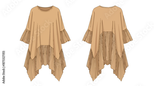 Fashion flat technical drawing of a relaxed tunic with elegant pleated bell sleeves and an asymmetrical high-low hem.