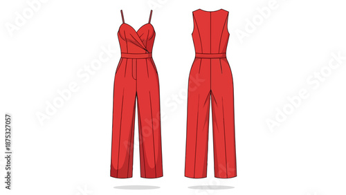 Vibrant scarlet women's jumpsuit fashion illustration showcasing elegant front and back views
