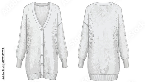 Detailed technical sketch of a cozy oversized long cardigan with button-front and textured knit design