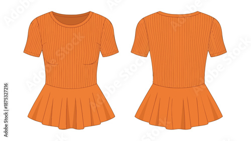 Orange ribbed peplum top technical sketch, front and back view, ideal for fashion design assets