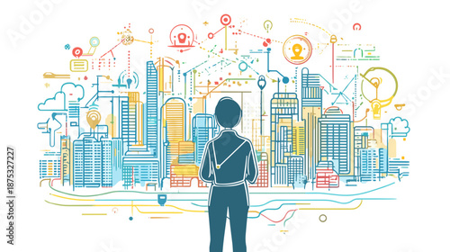 Businessman with Backpack Standing in Front of Cityscape Illustration.