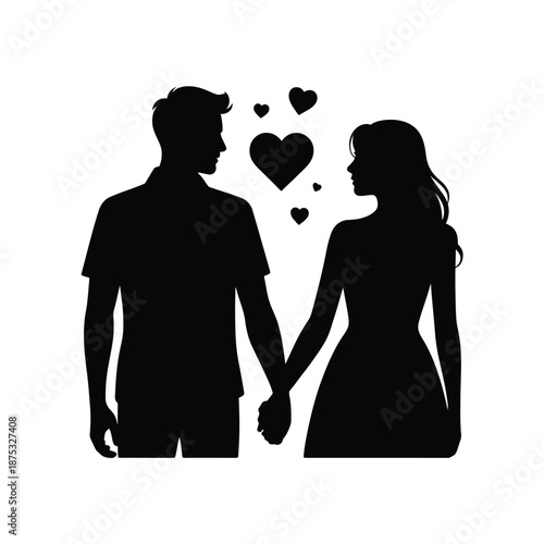 silhouette of a loving couple holding hands with hearts