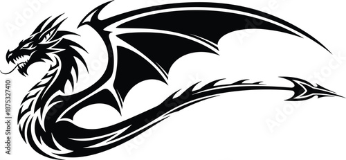 Black dragon silhouette with large wings and pointed tail, fantasy mythical creature vector illustration isolated on white background, tribal tattoo style design