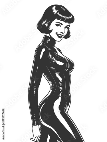 curvy woman in a tight latex catsuit with a confident smile and vintage pin-up style sketch engraving generative ai fictional character vector illustration. Scratch board imitation. Black and white.