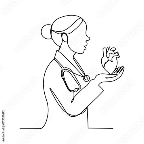 One line drawing of medical first aid icon with heart minimalist healthcare and emergency symbol. Health care World Day medical science research doctor nurse equipment silhouette concept design one sk