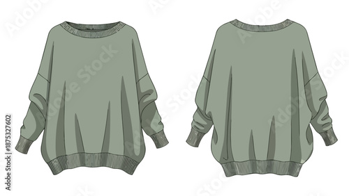 Relaxed fit sage green pullover sweater design illustration displaying front and back views, ideal for casual fashion apparel concepts and textile
