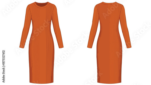 Flat lay illustration of a vibrant ribbed knit dress in a rich autumnal orange hue, showcasing both front and back views for fashion design and