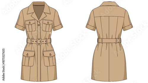 Fashion technical drawing of a women's utility dress with short sleeves, multiple front pockets, and a belted waist, suitable for garment design.