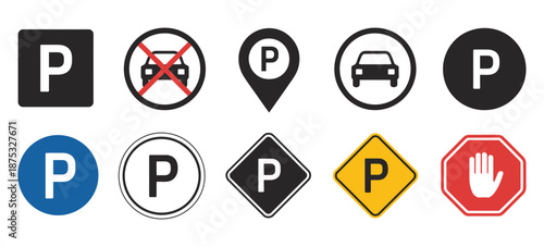Road Sign and Parking Lot Icons Set, Featuring Various Types of Traffic, Parking, and Navigation Symbols, Vector Illustrations