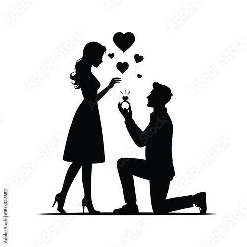 man proposing to woman with hearts floating above them