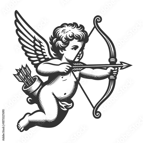 classic cupid with wings and bow, symbolizing love, romance, and Valentines Day themes sketch engraving generative ai fictional character vector illustration. Scratch board imitation. Black and white.