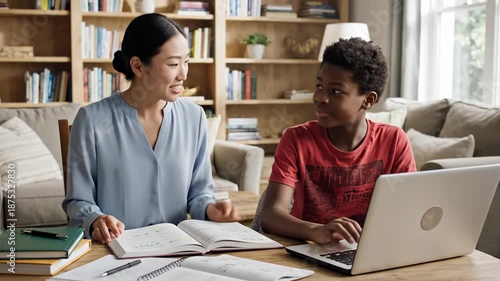 Woman and boy studying together with laptop and books indoors