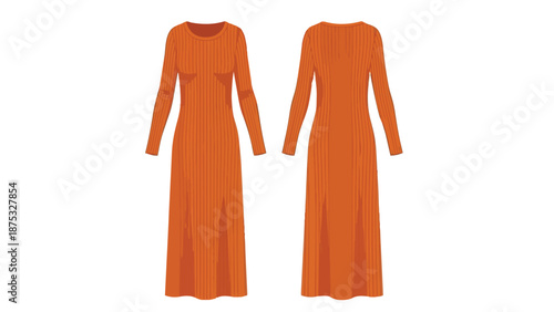 A stylish vibrant orange long-sleeved ribbed knit maxi dress vector illustration clearly displaying both the front and back views a perfect piece