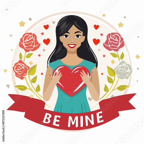 Valentine's Day Girl Holding Heart with Roses Easter.