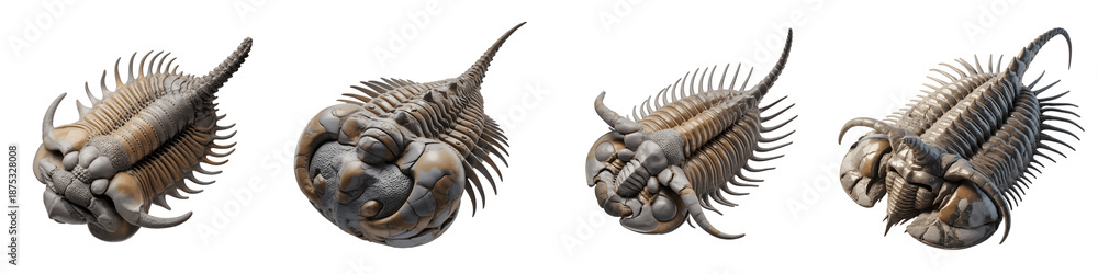 Obraz premium Trilobite fossil specimens in various positions isolated on transparent background
