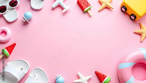 Pastel vacation toys sunglasses flip flops watermelon on pink background flat lay