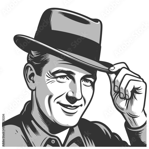 man tipping his fedora, evoking classic charm and vintage gentleman appeal sketch engraving generative ai fictional character vector illustration. Scratch board imitation. Black and white image.