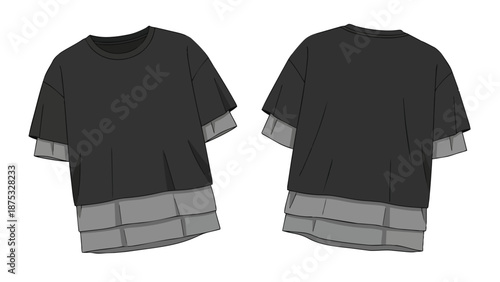 Contemporary black and grey layered t-shirt flat technical drawing for apparel design and fashion illustration purposes