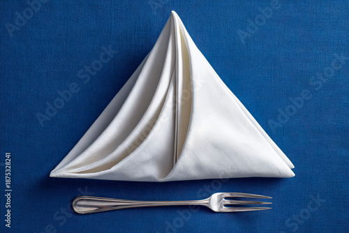 Wallpaper Mural A beautifully folded white napkin shaped like a triangle, placed on a blue tablecloth alongside a silver fork, perfect for formal dining. Torontodigital.ca