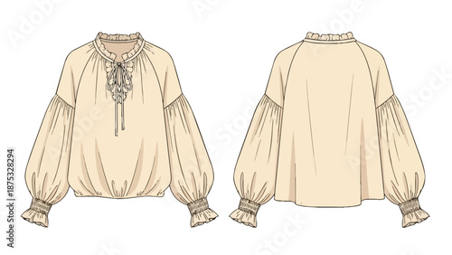 Contemporary women's loose-fit blouse technical drawing featuring billowy raglan sleeves, shirred cuffs, and a charming ruffled neckline detail for