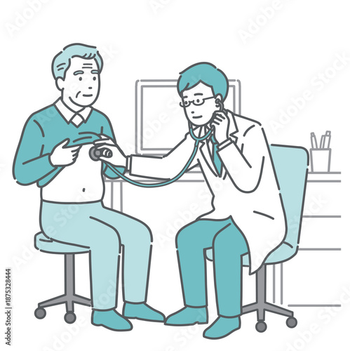 聴診器で胸の音を聞く男性医師（白衣・高齢男性患者）