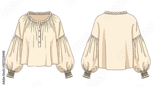 Detailed technical flat sketch of a contemporary women's relaxed fit blouse featuring elegant voluminous balloon sleeves and a delicate gathered