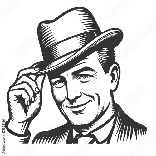 man tipping his fedora, evoking classic charm and vintage gentleman appeal sketch engraving generative ai fictional character vector illustration. Scratch board imitation. Black and white image.