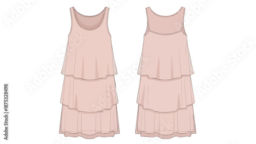 Fashion flat sketch of a women's tiered sleeveless dress, front and back views in blush pink. An elegant and flowy design for warm weather attire.