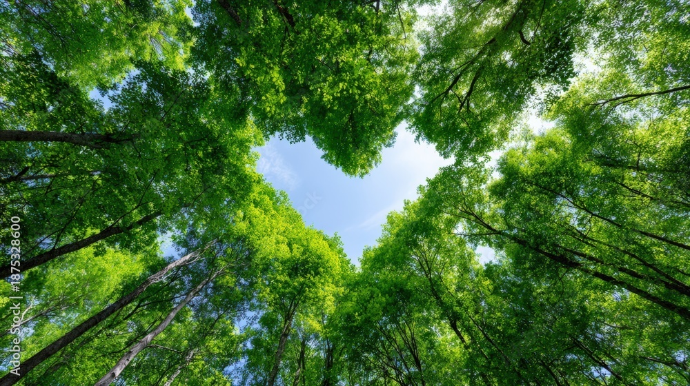 Fototapeta premium Lush green forest canopy viewed from below, sunlight filtering through leaves, creating a vibrant heart-shaped opening in the sky, symbolizing nature's beauty and tranquility