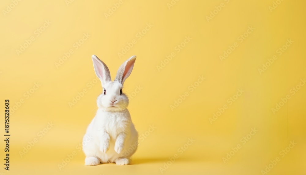 Obraz premium Curious white Easter bunny on a bright yellow studio background with copy space.