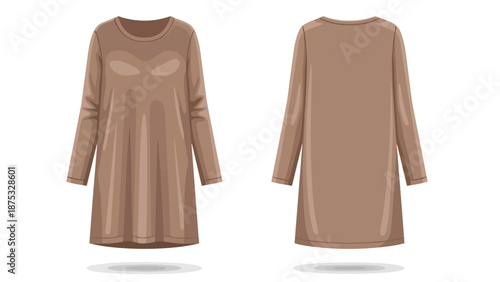 Front and back view of a minimalist long-sleeved loose brown tunic dress for comfortable everyday wear