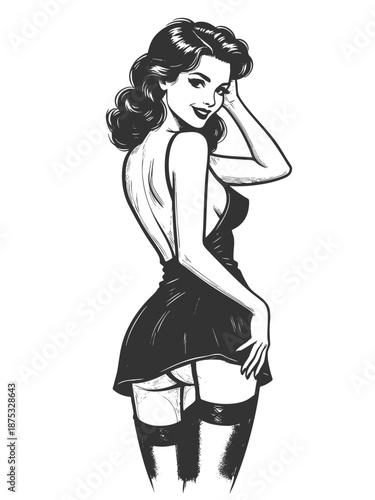 classic pin-up woman in stockings and lingerie, striking a playful and seductive retro pose sketch engraving generative ai fictional character vector illustration. Scratch board. Black and white image