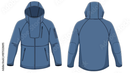 Contemporary blue technical hoodie illustration with front and back view, designed for outdoor adventures.