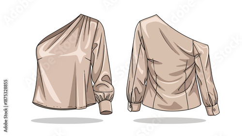 Fashion illustration depicting a sophisticated beige one-shoulder blouse with elegant long sleeves and gathered cuffs showcasing detailed garment