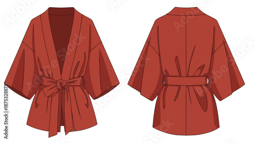 Terracotta kimono jacket fashion illustration. Front and back views with wide sleeves and a tied belt. Great for design reference or casual style