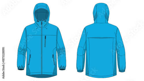 Technical outdoor jacket blueprint, front and back views, displaying versatile design elements, hood, zippers, pockets, and reinforced elbows for