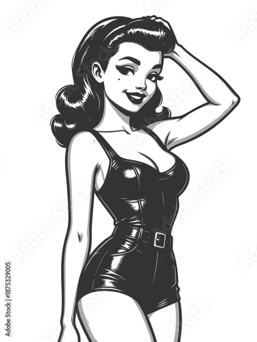 woman in tight latex outfit posing seductively with glamorous expression and curves sketch engraving generative ai fictional character vector illustration. Scratch board imitation. Black and white.