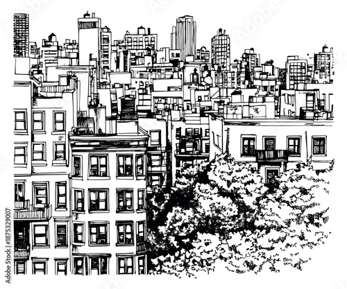 Hand drawn line art illustration of an urban cityscape depicting dense buildings and trees for urban life concepts
