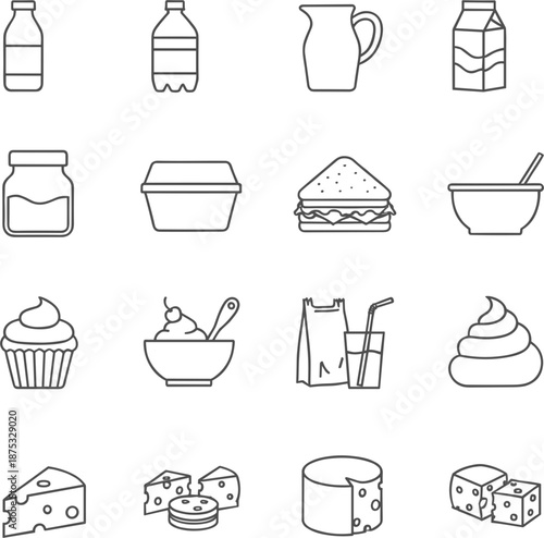 Professional line icons of dairy products milk bottles cheese wedges yogurt containers and takeaway food packaging.