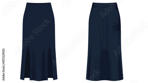 Stylish dark blue long skirts vector set featuring modern fashion silhouettes and detailed textile representations