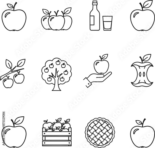 Professional apple harvest icons featuring organic fruit orchard trees cider and agricultural products.