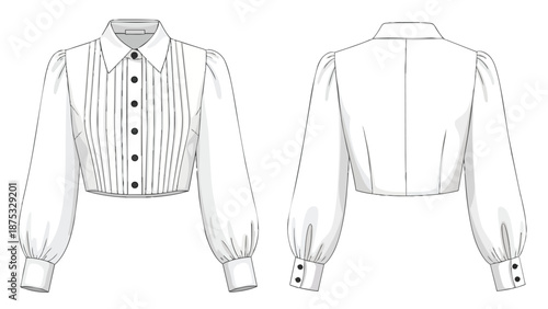 Precise technical drawing of a modern cropped blouse, elegant long puffed sleeves, crisp collar, detailed pintuck front for comprehensive apparel