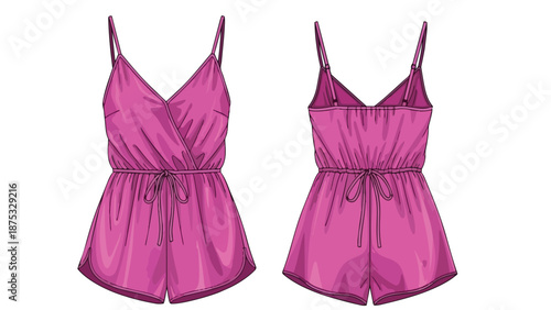 Pink women's romper fashion sketch. Detailed flat view shows front and back, highlighting spaghetti straps, V-neck, and drawstring waist. Ideal for