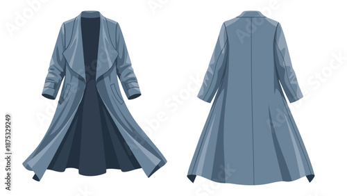 Sophisticated long-line duster coat in a stylish blue-grey hue, presented with detailed front and back views for fashion illustration and design