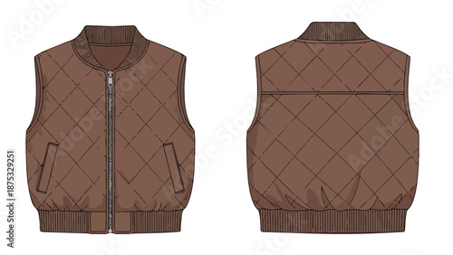 Fashion flat design of a classic brown diamond quilted vest, ideal for outerwear and layering, presenting both front and back views for apparel