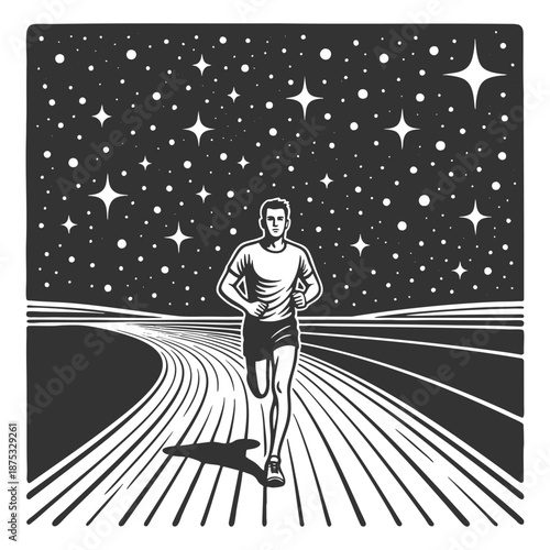 male runner on a track at night, surrounded by stars and cosmic scenery, symbolizing determination sketch engraving generative ai vector illustration. Scratch board. Black and white image.