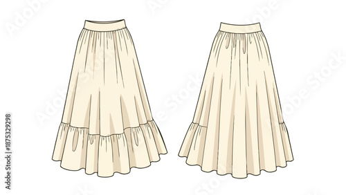 Stylish flowing tiered ruffle skirt flat drawing displaying front and back views, a detailed technical fashion illustration for apparel design