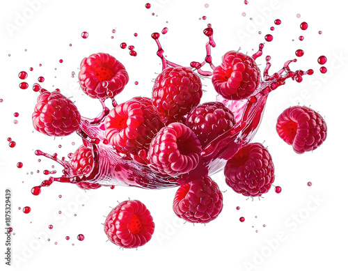 Burst of red raspberries erupting with juice, droplets on a solid black background