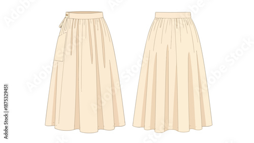 Detailed vector flat sketch of a flowing midi skirt featuring an elastic waistband and unique side tie closure. Ideal for fashion design and apparel