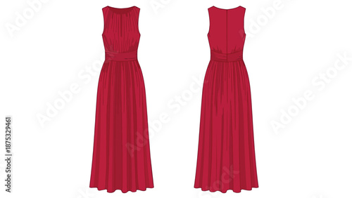 Vibrant ruby-hued sleeveless maxi dress with a gracefully flowing silhouette, captured from both front and rear perspectives, ideal for elegant
